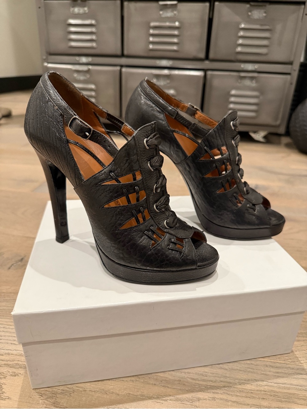 Givenchy Black Cutout Lace-Up Peep-Toe High Heel Booties